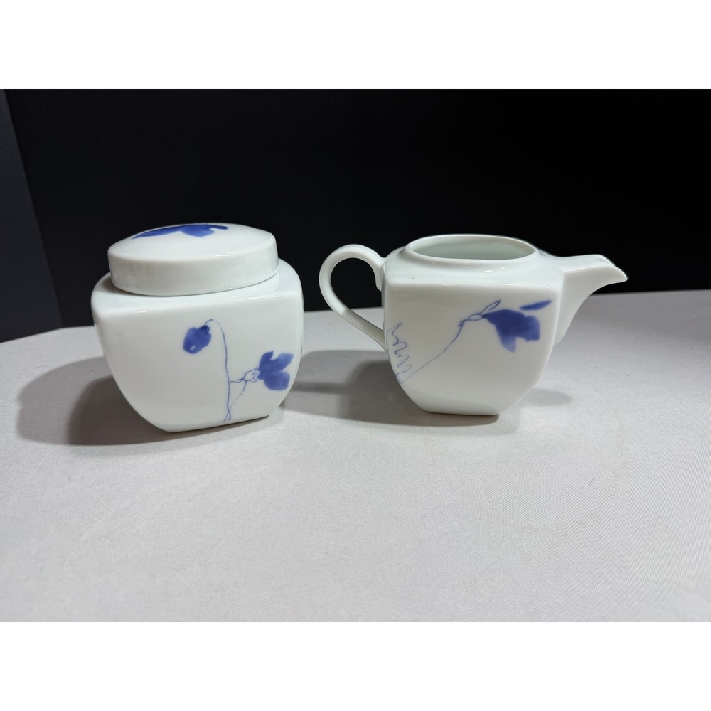 Studio Nova Ming Blue Porcelain Cream and Sugar Set Square White Floral TF003